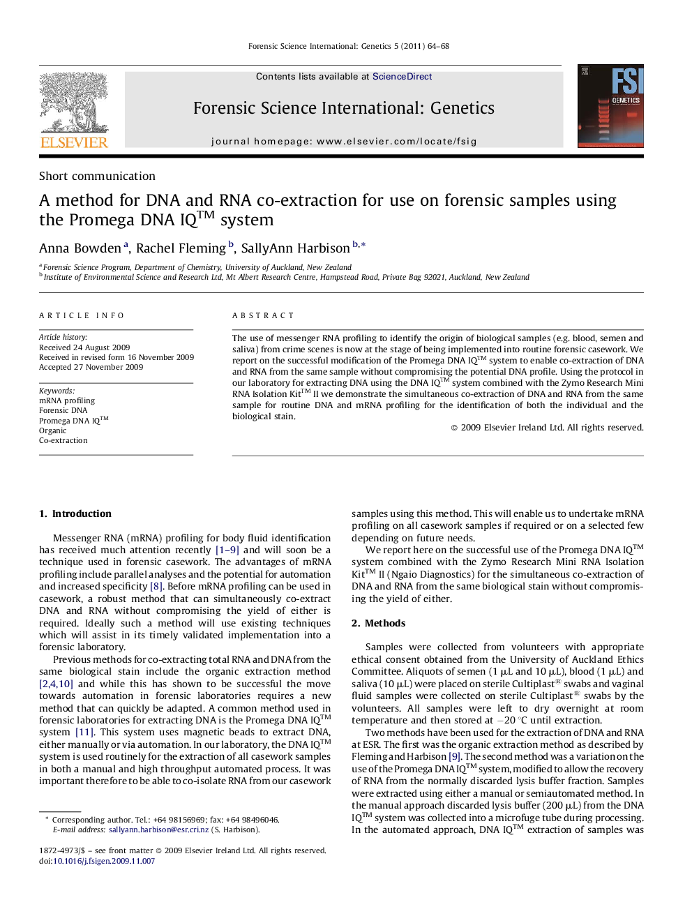 A method for DNA and RNA co-extraction for use on forensic samples using the Promega DNA IQ™ system