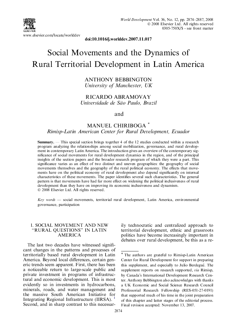 Social Movements and the Dynamics of Rural Territorial Development in Latin America