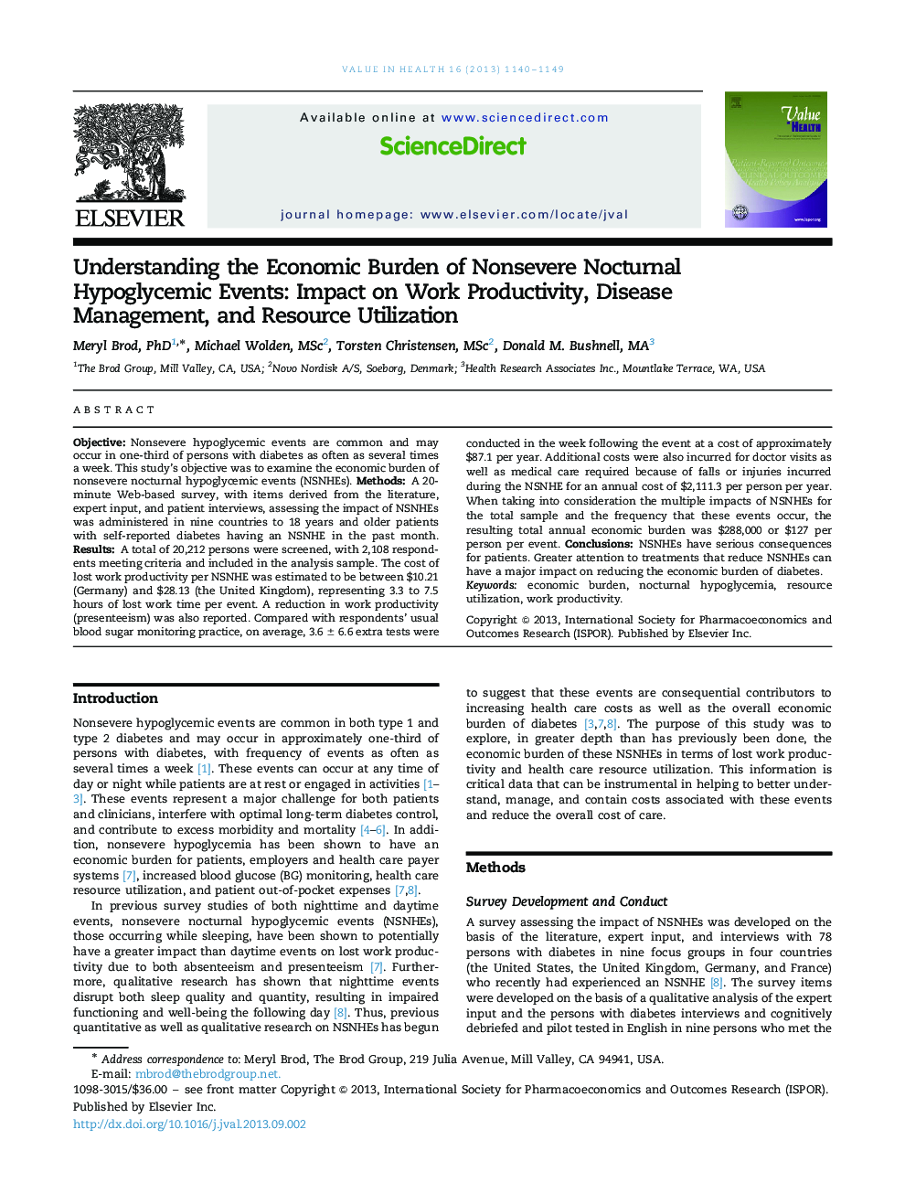 Understanding the Economic Burden of Nonsevere Nocturnal Hypoglycemic Events: Impact on Work Productivity, Disease Management, and Resource Utilization