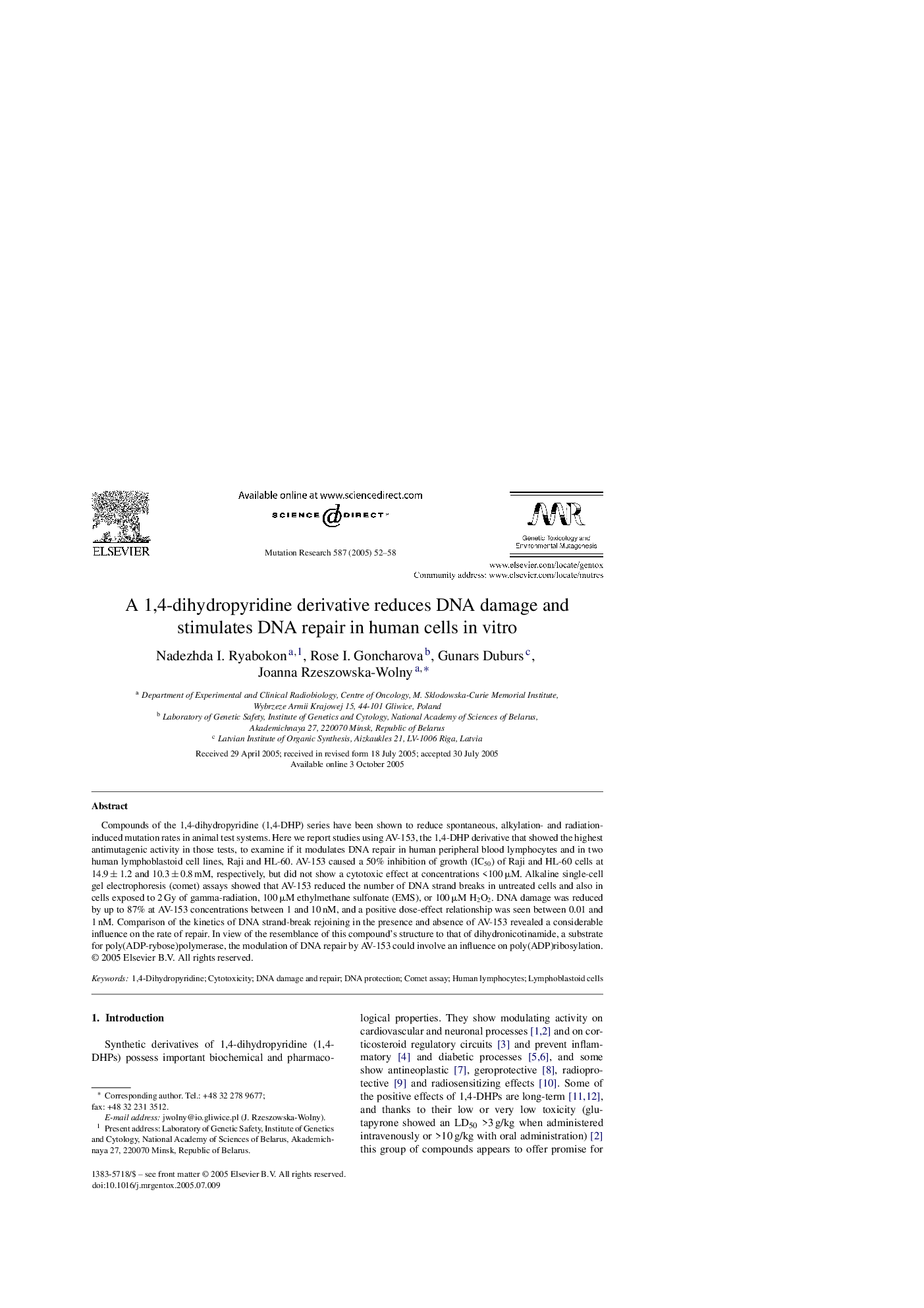 A 1,4-dihydropyridine derivative reduces DNA damage and stimulates DNA repair in human cells in vitro