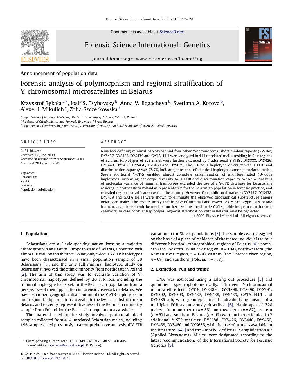 Forensic analysis of polymorphism and regional stratification of Y-chromosomal microsatellites in Belarus