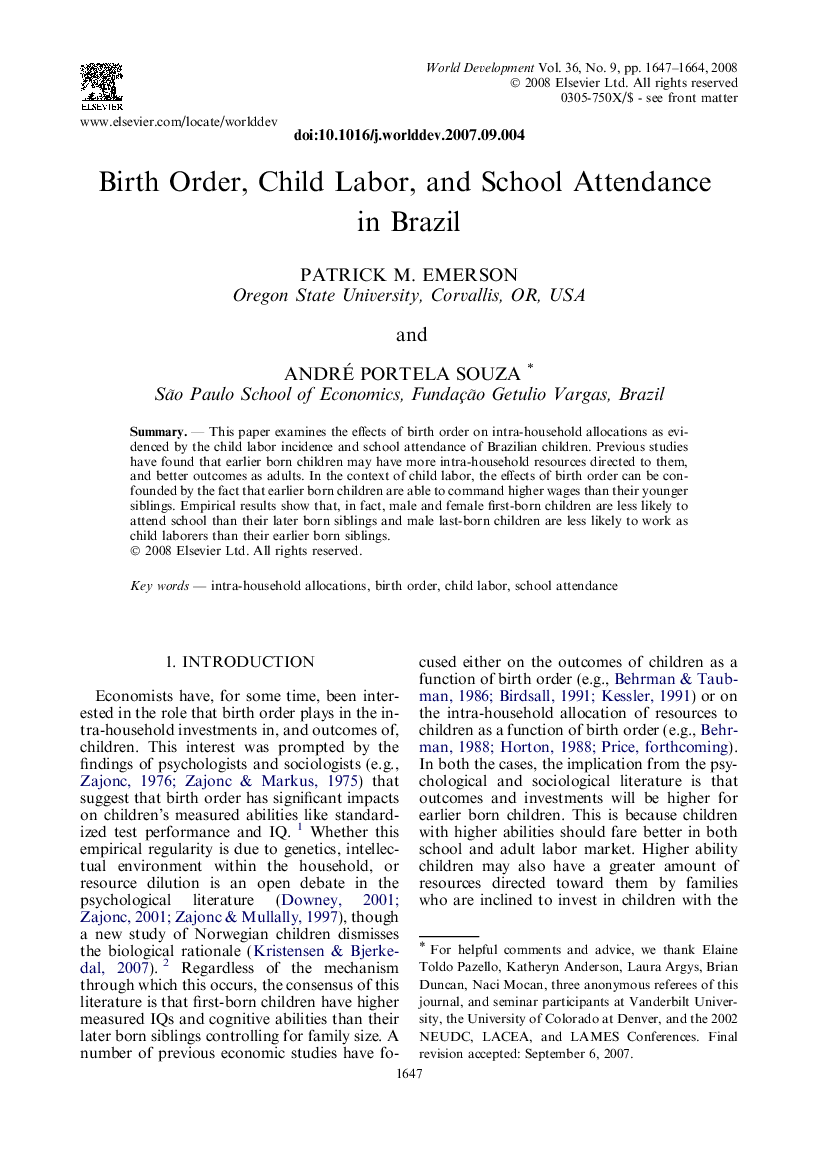 Birth Order, Child Labor, and School Attendance in Brazil