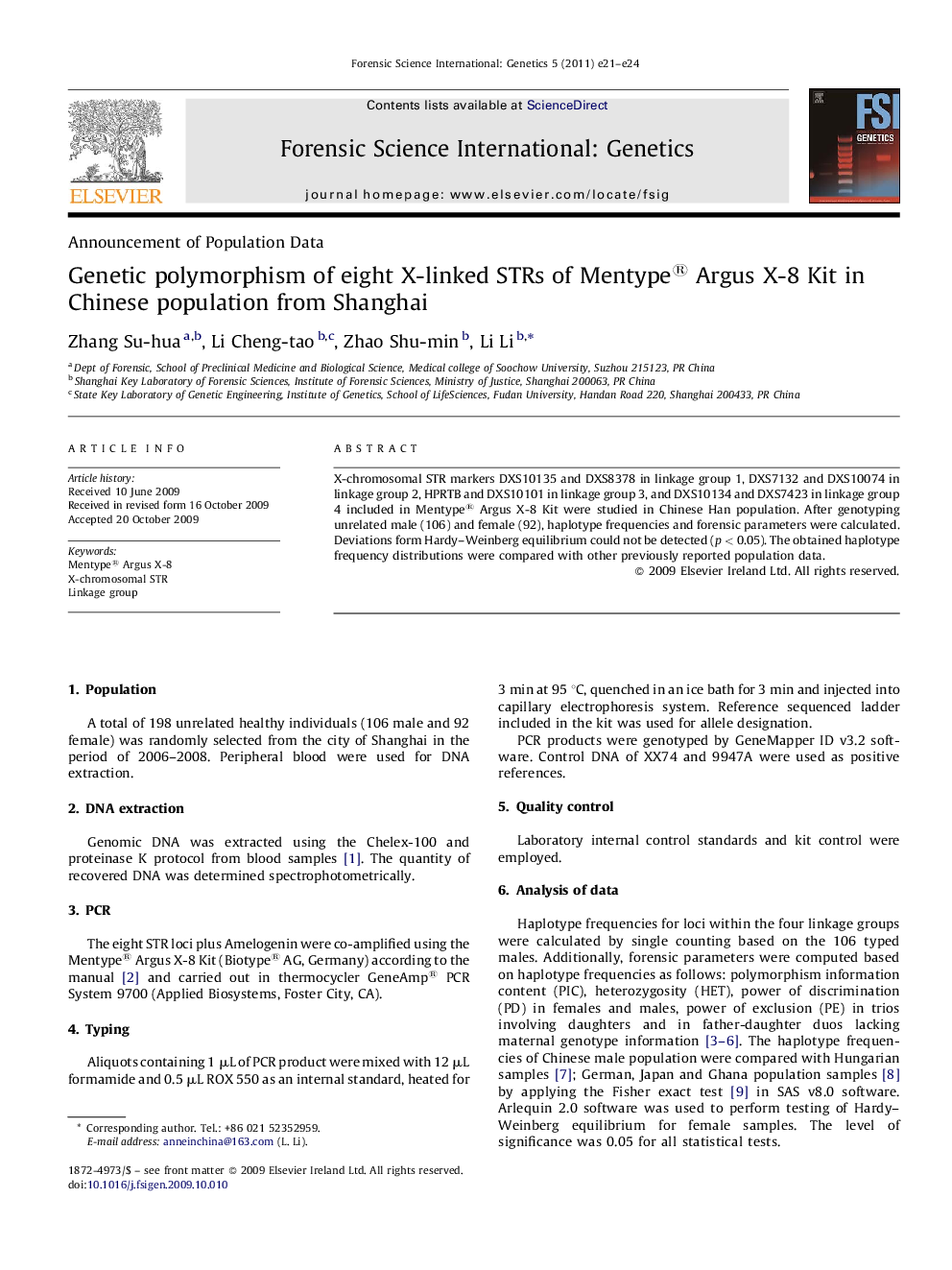 Genetic polymorphism of eight X-linked STRs of Mentype® Argus X-8 Kit in Chinese population from Shanghai