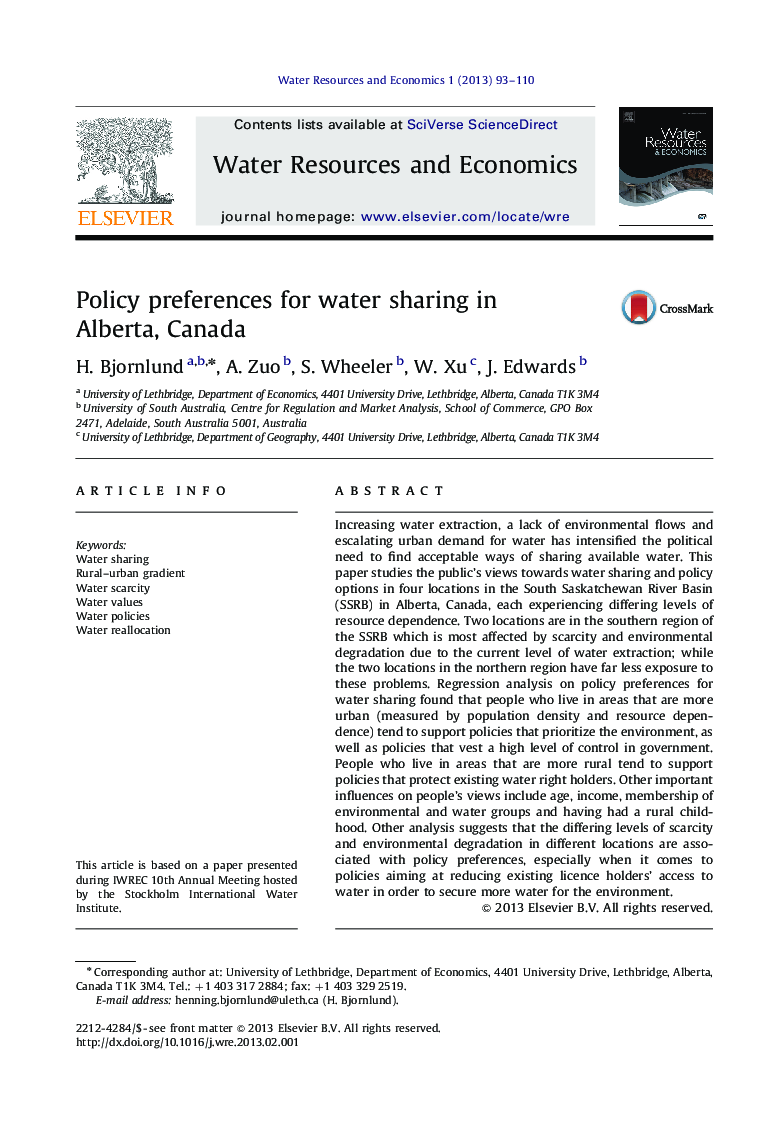 Policy preferences for water sharing in Alberta, Canada