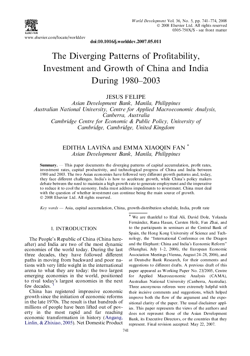 The Diverging Patterns of Profitability, Investment and Growth of China and India During 1980–2003