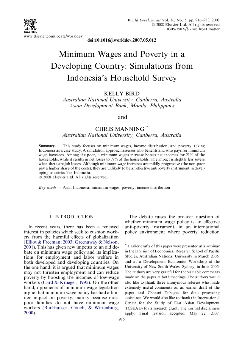 Minimum Wages and Poverty in a Developing Country: Simulations from Indonesia’s Household Survey