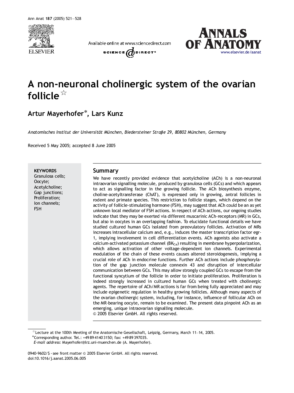 A non-neuronal cholinergic system of the ovarian follicle