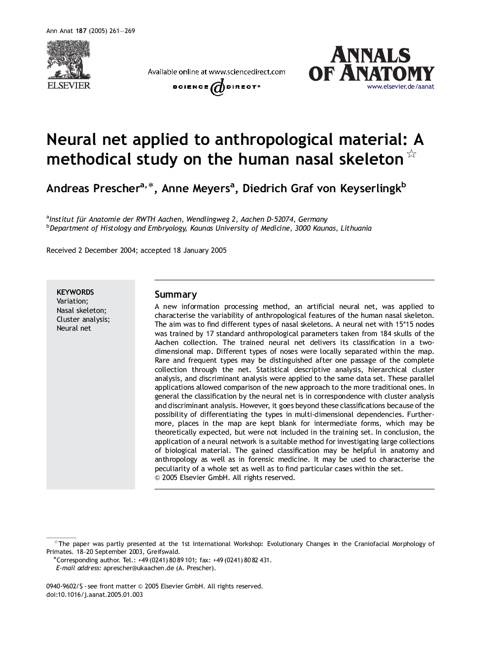 Neural net applied to anthropological material: A methodical study on the human nasal skeleton