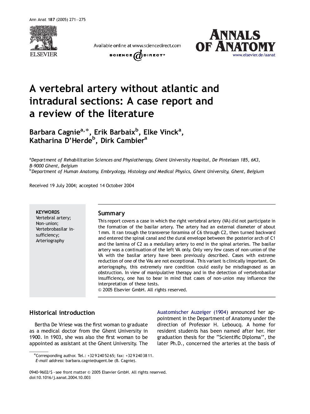 A vertebral artery without atlantic and intradural sections: A case report and a review of the literature