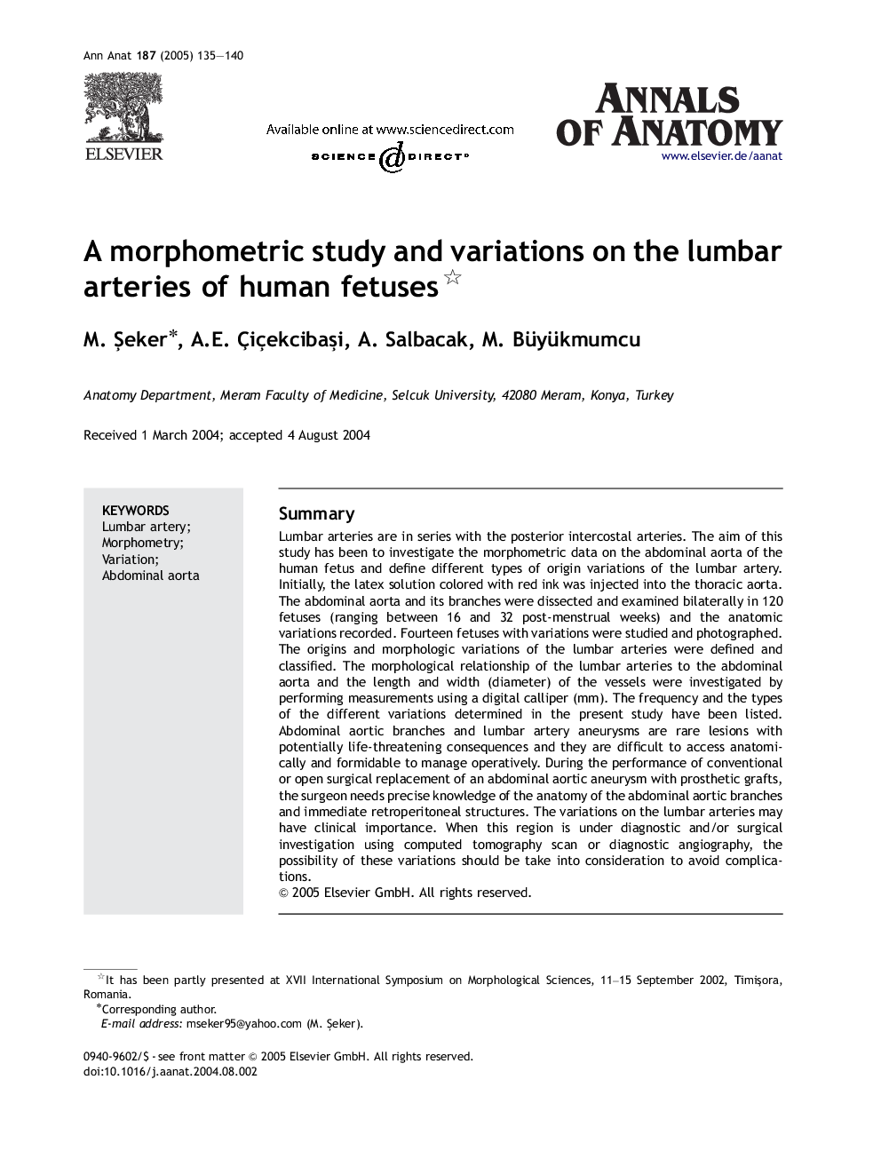 A morphometric study and variations on the lumbar arteries of human fetuses