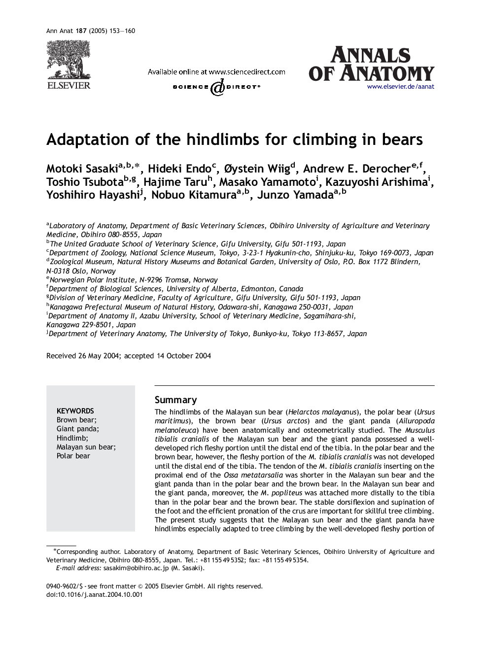 Adaptation of the hindlimbs for climbing in bears