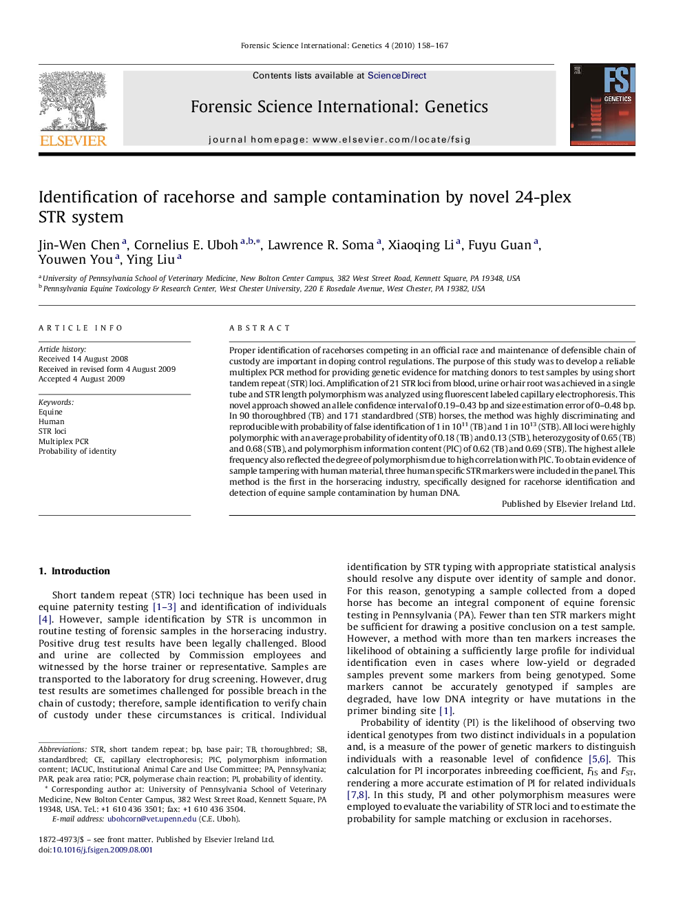 Identification of racehorse and sample contamination by novel 24-plex STR system