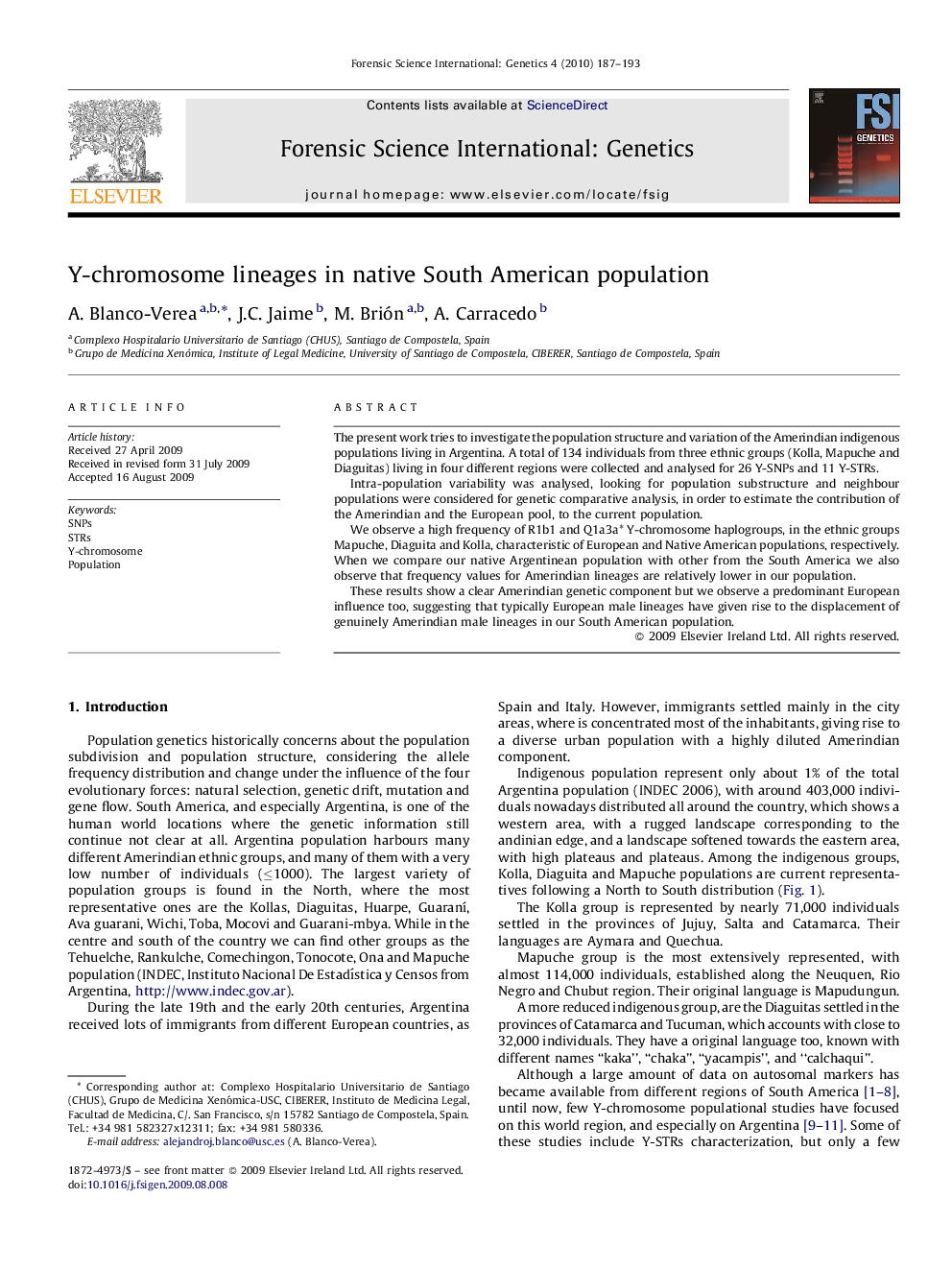 Y-chromosome lineages in native South American population