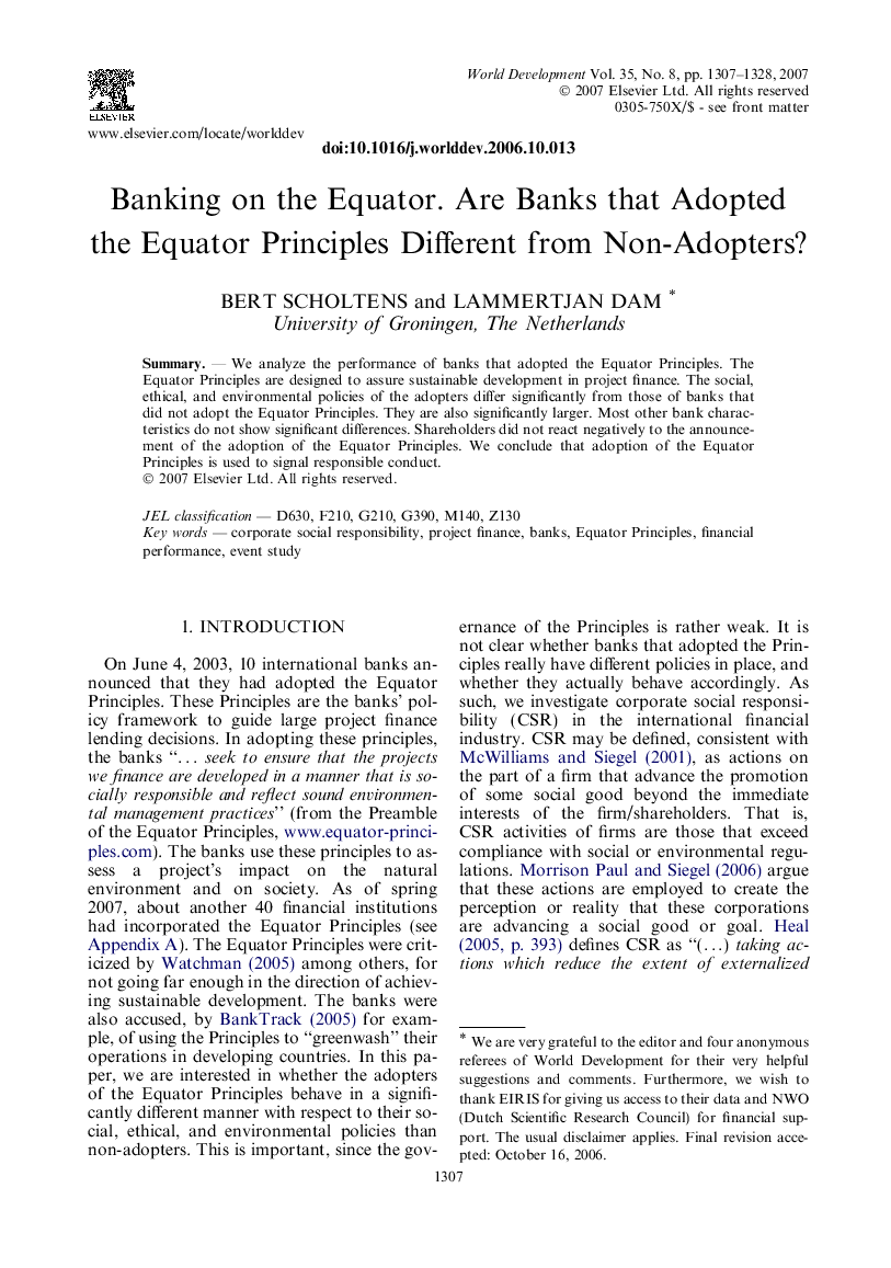 Banking on the Equator. Are Banks that Adopted the Equator Principles Different from Non-Adopters?