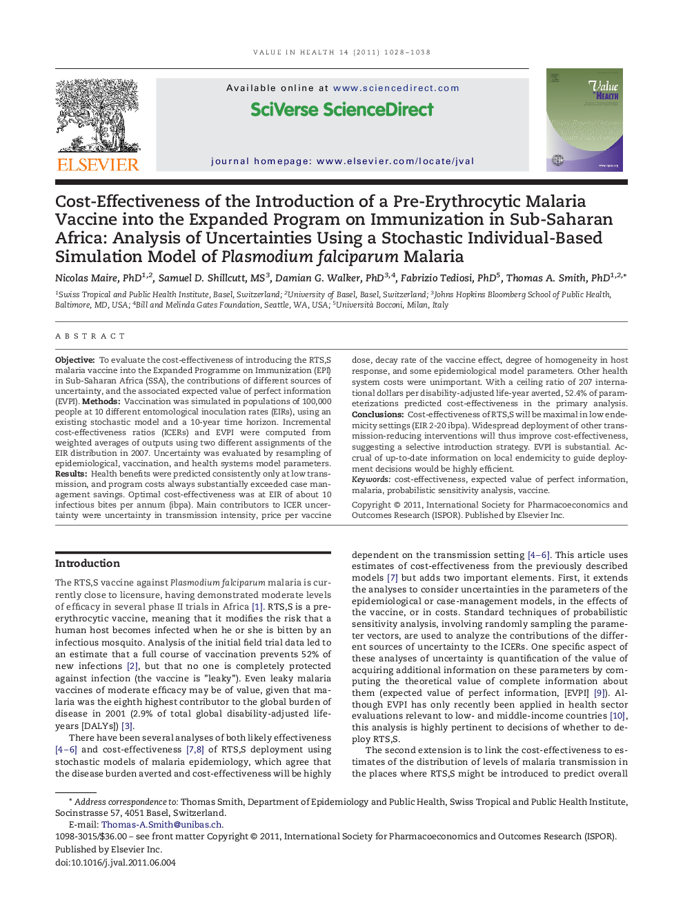 Cost-Effectiveness of the Introduction of a Pre-Erythrocytic Malaria Vaccine into the Expanded Program on Immunization in Sub-Saharan Africa: Analysis of Uncertainties Using a Stochastic Individual-Based Simulation Model of Plasmodium falciparum Malaria