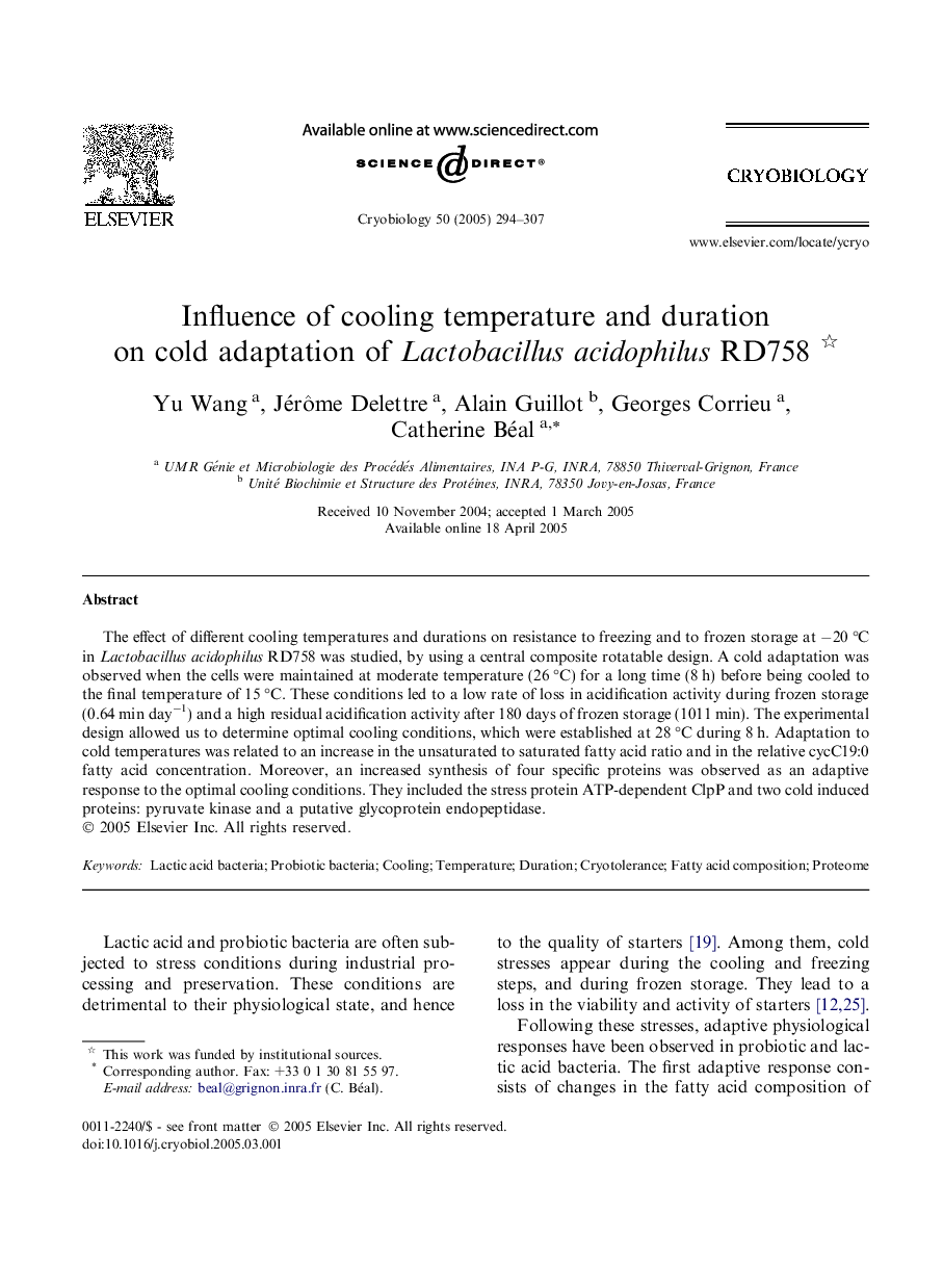 Influence of cooling temperature and duration on cold adaptation of Lactobacillus acidophilus RD758