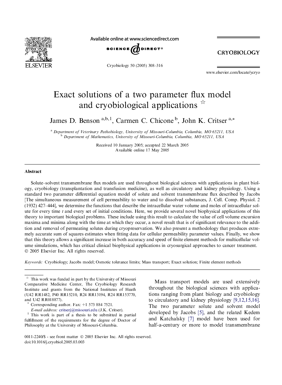 Exact solutions of a two parameter flux model and cryobiological applications