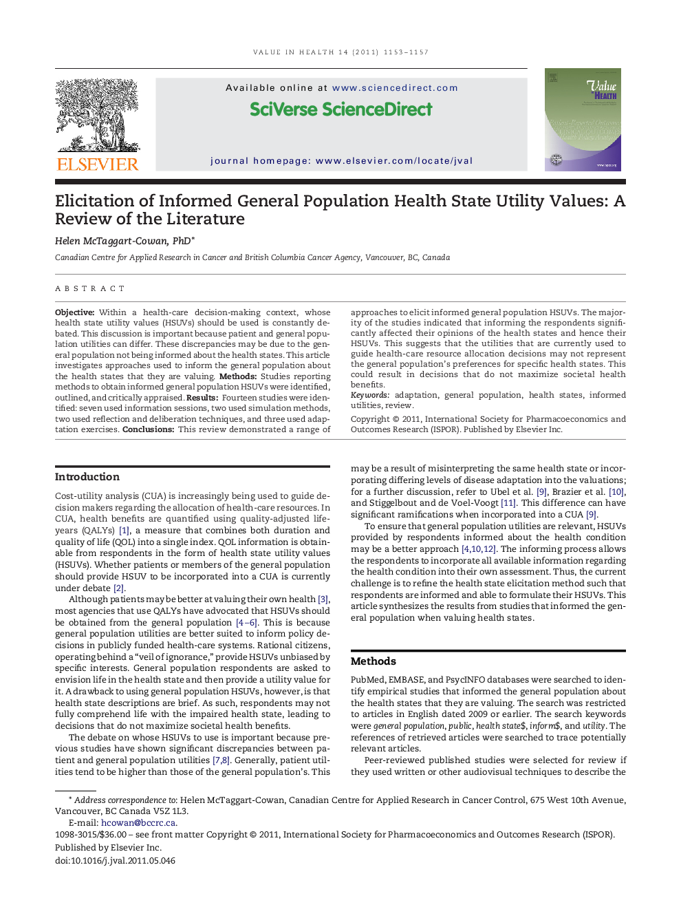 Elicitation of Informed General Population Health State Utility Values: A Review of the Literature