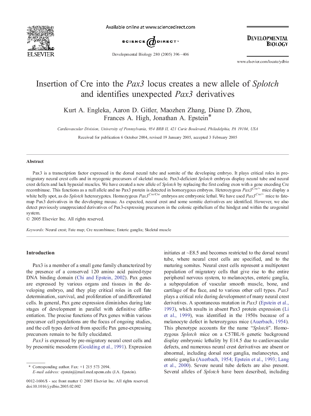 Insertion of Cre into the Pax3 locus creates a new allele of Splotch and identifies unexpected Pax3 derivatives