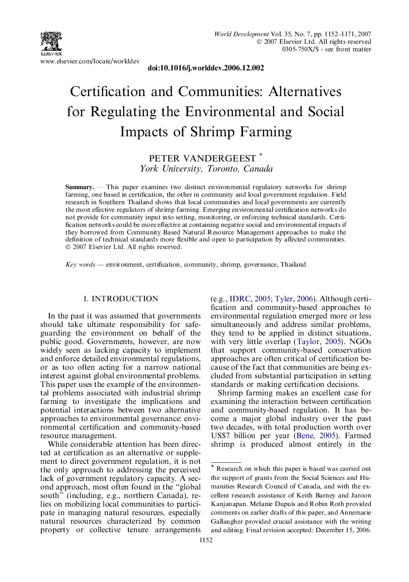 Certification and Communities: Alternatives for Regulating the Environmental and Social Impacts of Shrimp Farming