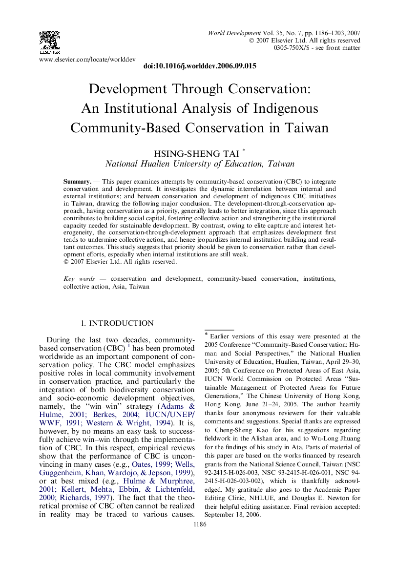 Development Through Conservation: An Institutional Analysis of Indigenous Community-Based Conservation in Taiwan