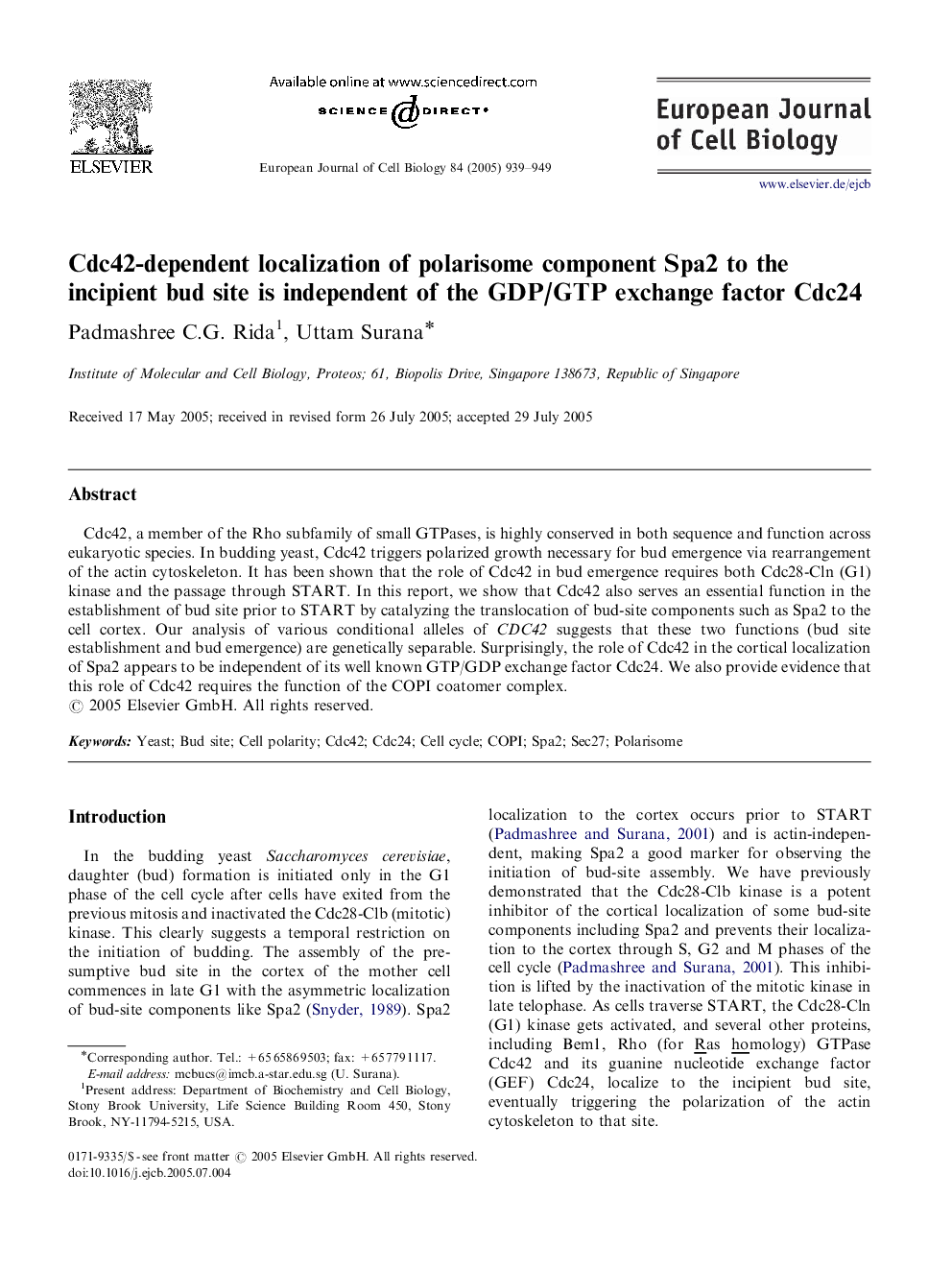 Cdc42-dependent localization of polarisome component Spa2 to the incipient bud site is independent of the GDP/GTP exchange factor Cdc24