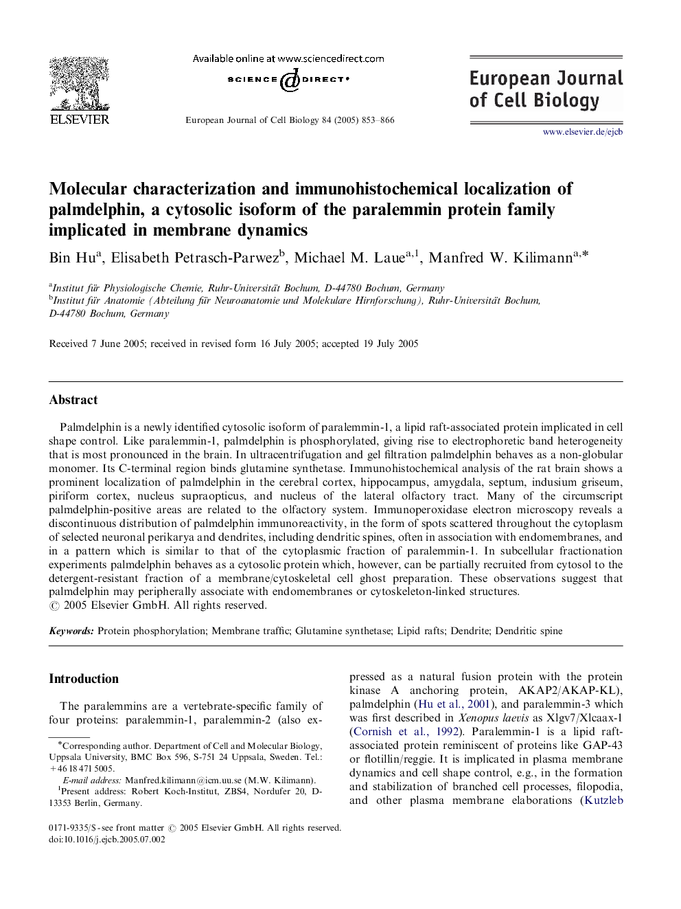 Molecular characterization and immunohistochemical localization of palmdelphin, a cytosolic isoform of the paralemmin protein family implicated in membrane dynamics