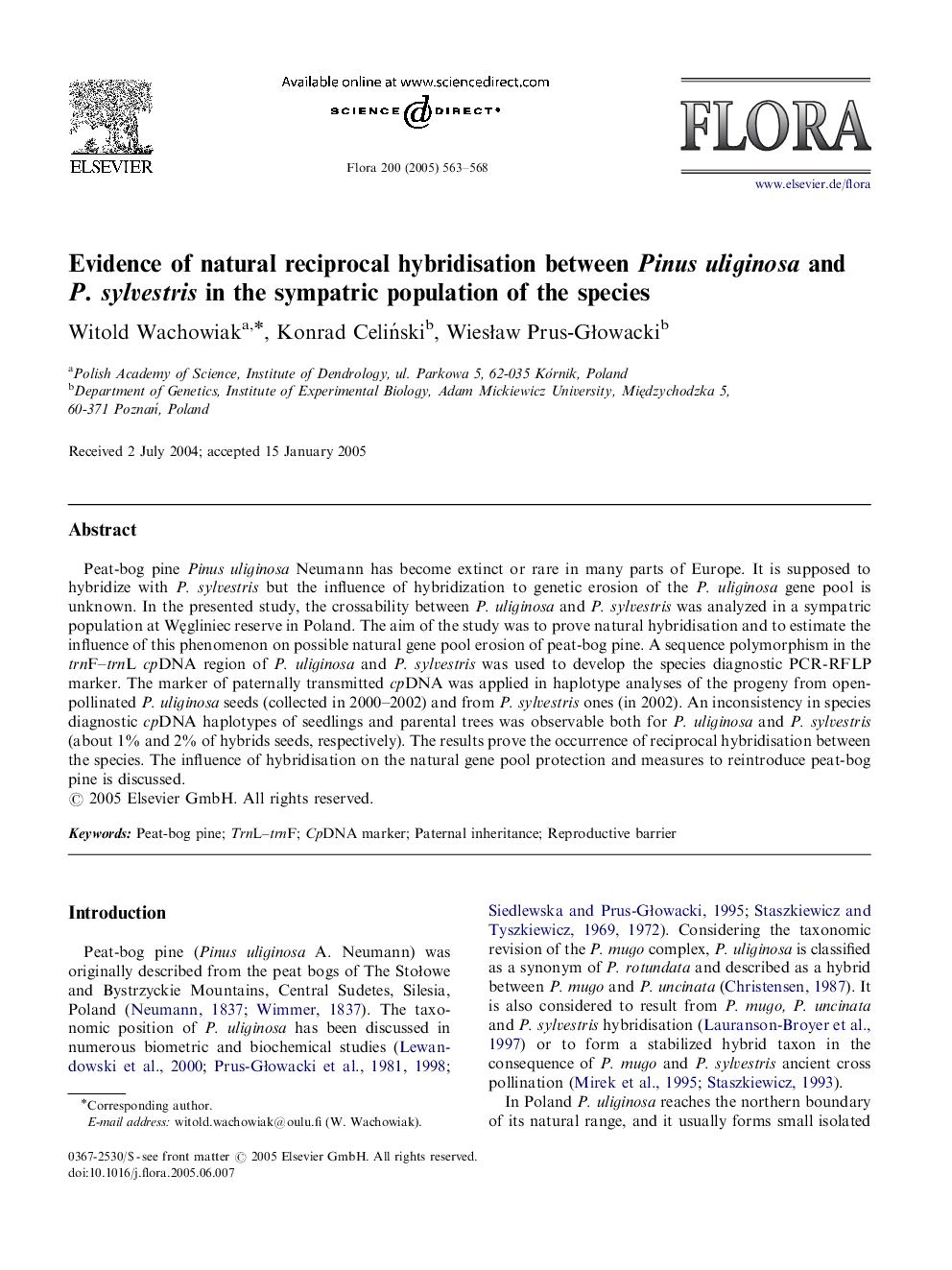 Evidence of natural reciprocal hybridisation between Pinus uliginosa and P. sylvestris in the sympatric population of the species