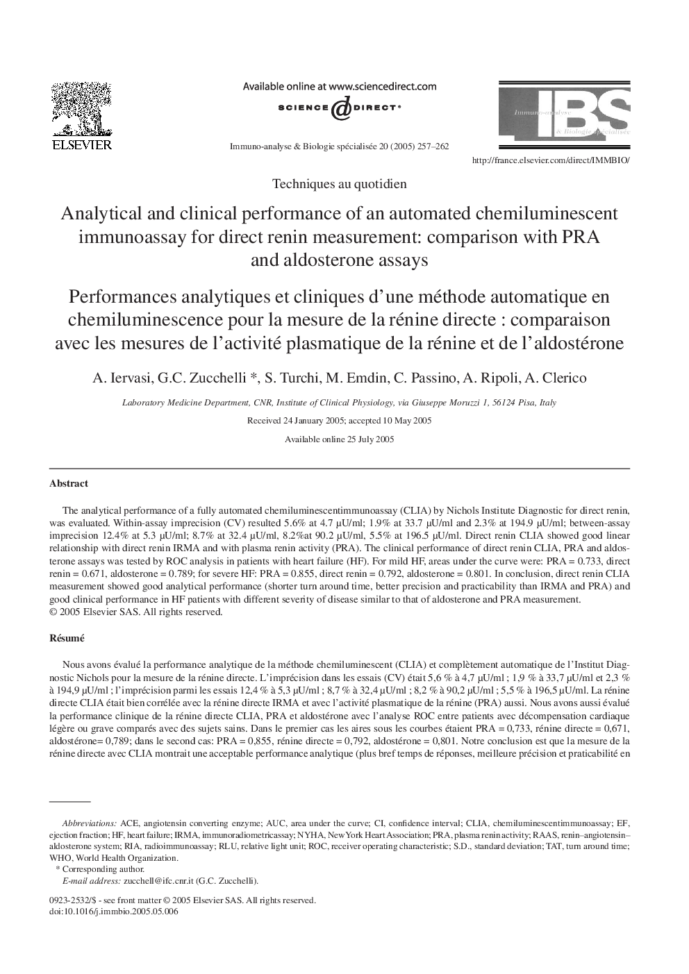 Analytical and clinical performance of an automated chemiluminescent immunoassay for direct renin measurement: comparison with PRA and aldosterone assays