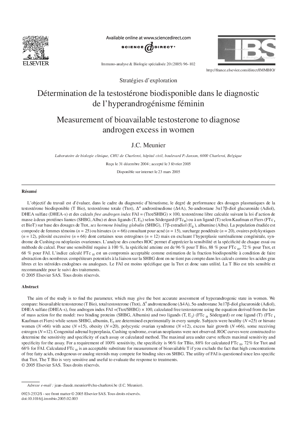 Détermination de la testostérone biodisponible dans le diagnostic de l'hyperandrogénisme féminin