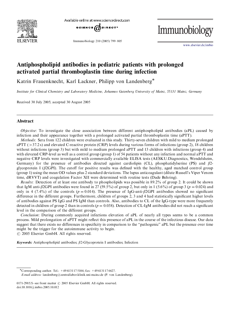 Antiphospholipid antibodies in pediatric patients with prolonged activated partial thromboplastin time during infection