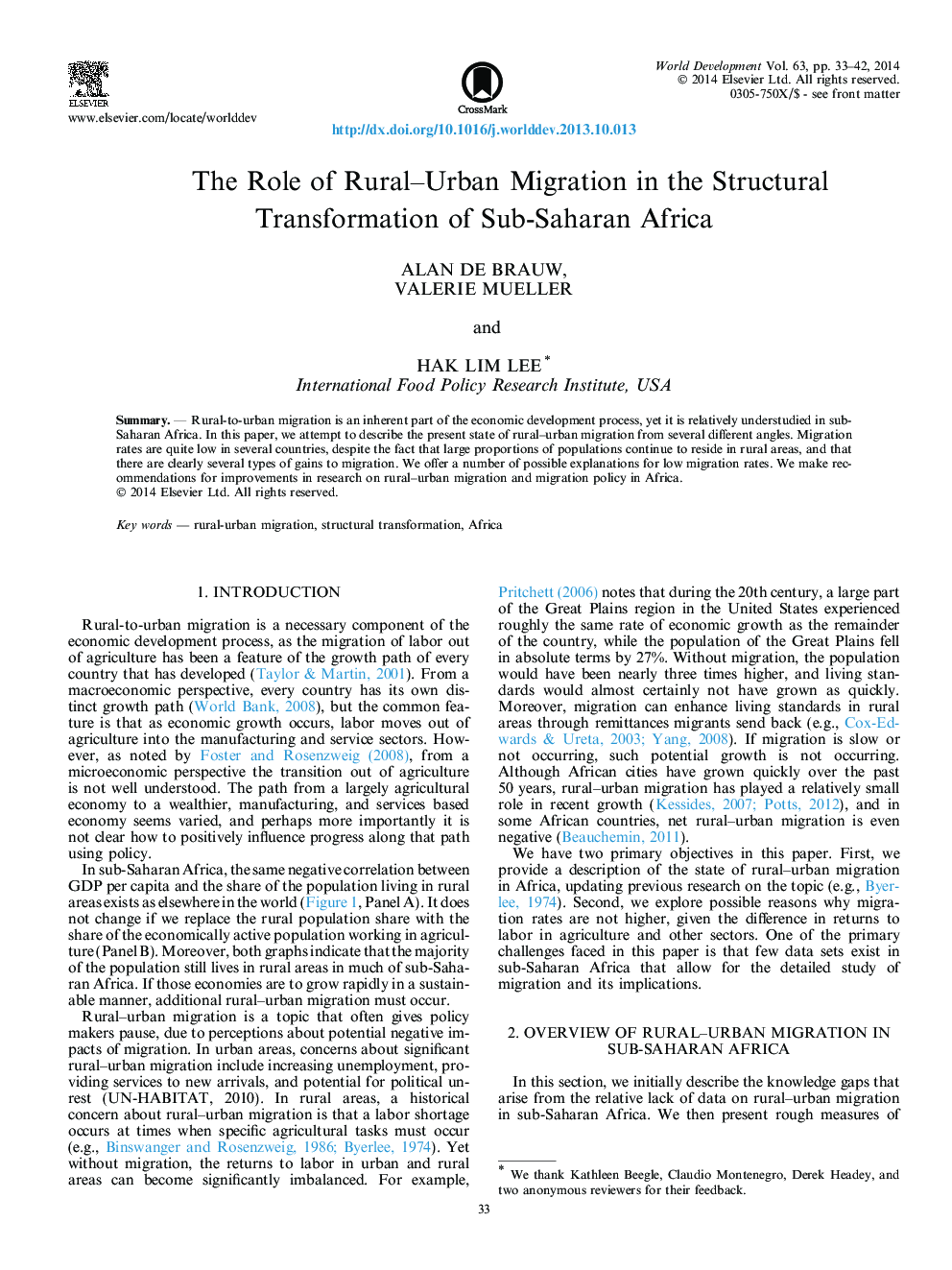 The Role of Rural–Urban Migration in the Structural Transformation of Sub-Saharan Africa ∗
