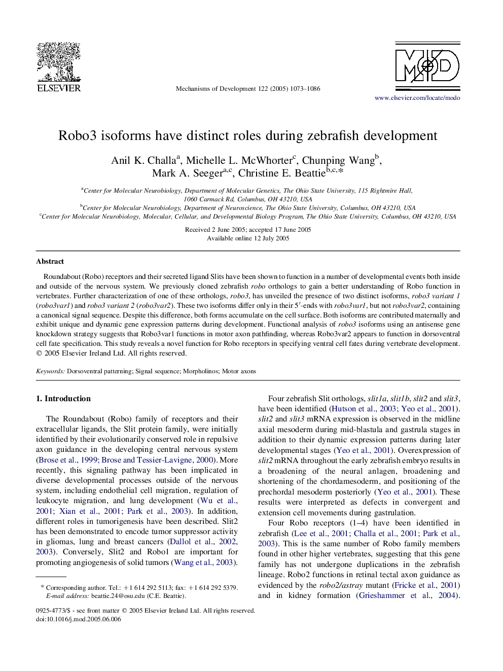 Robo3 isoforms have distinct roles during zebrafish development