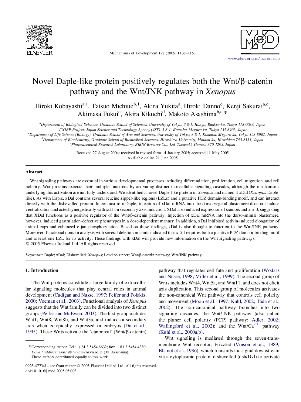 Novel Daple-like protein positively regulates both the Wnt/Î²-catenin pathway and the Wnt/JNK pathway in Xenopus