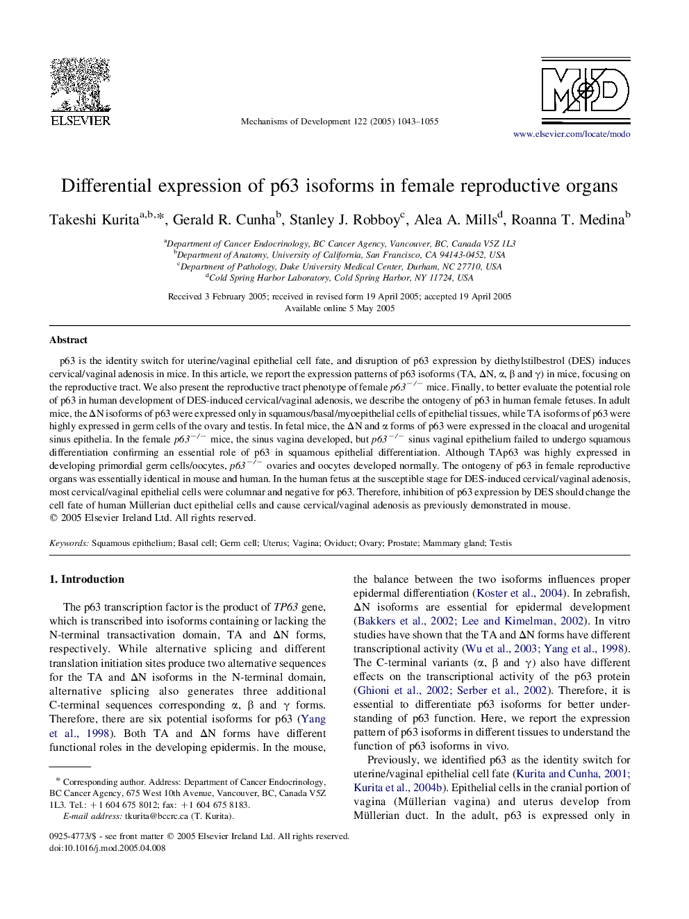 Differential expression of p63 isoforms in female reproductive organs