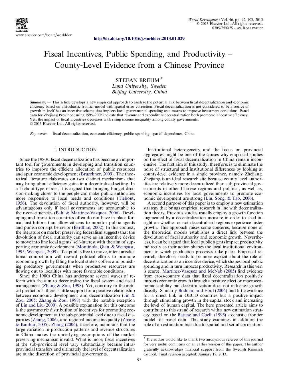 Fiscal Incentives, Public Spending, and Productivity – County-Level Evidence from a Chinese Province