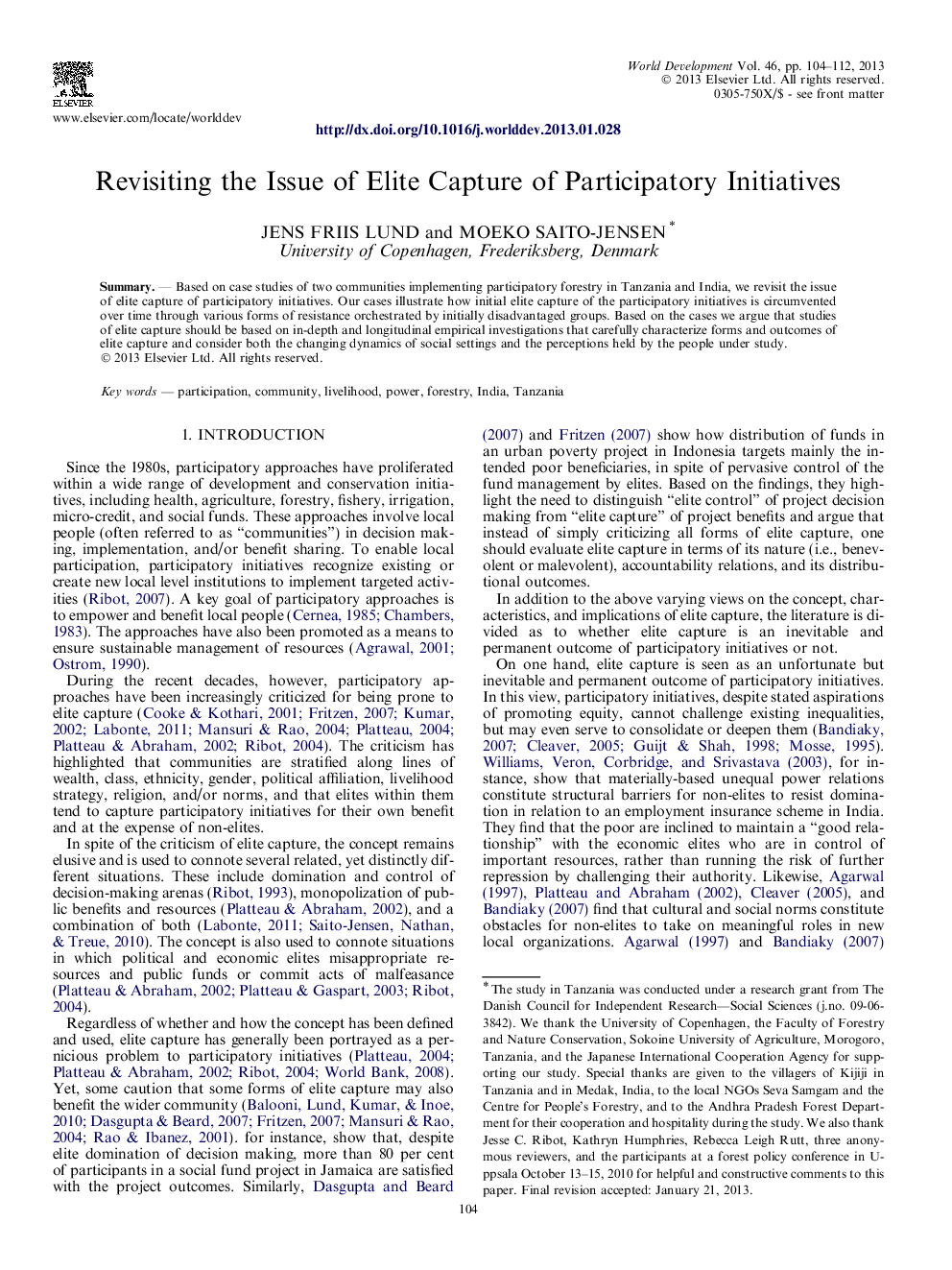 Revisiting the Issue of Elite Capture of Participatory Initiatives