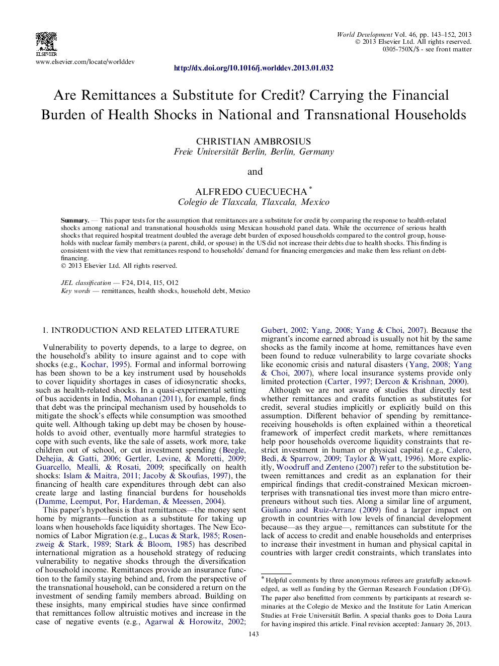 Are Remittances a Substitute for Credit? Carrying the Financial Burden of Health Shocks in National and Transnational Households