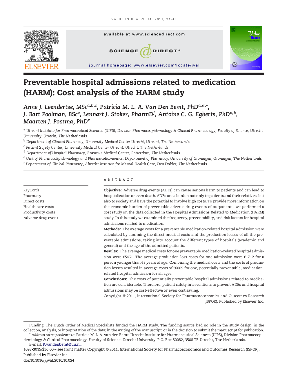 Preventable hospital admissions related to medication (HARM): Cost analysis of the HARM study 