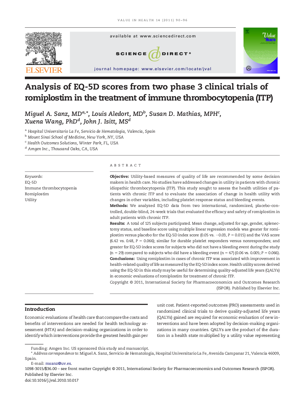 Analysis of EQ-5D scores from two phase 3 clinical trials of romiplostim in the treatment of immune thrombocytopenia (ITP) 