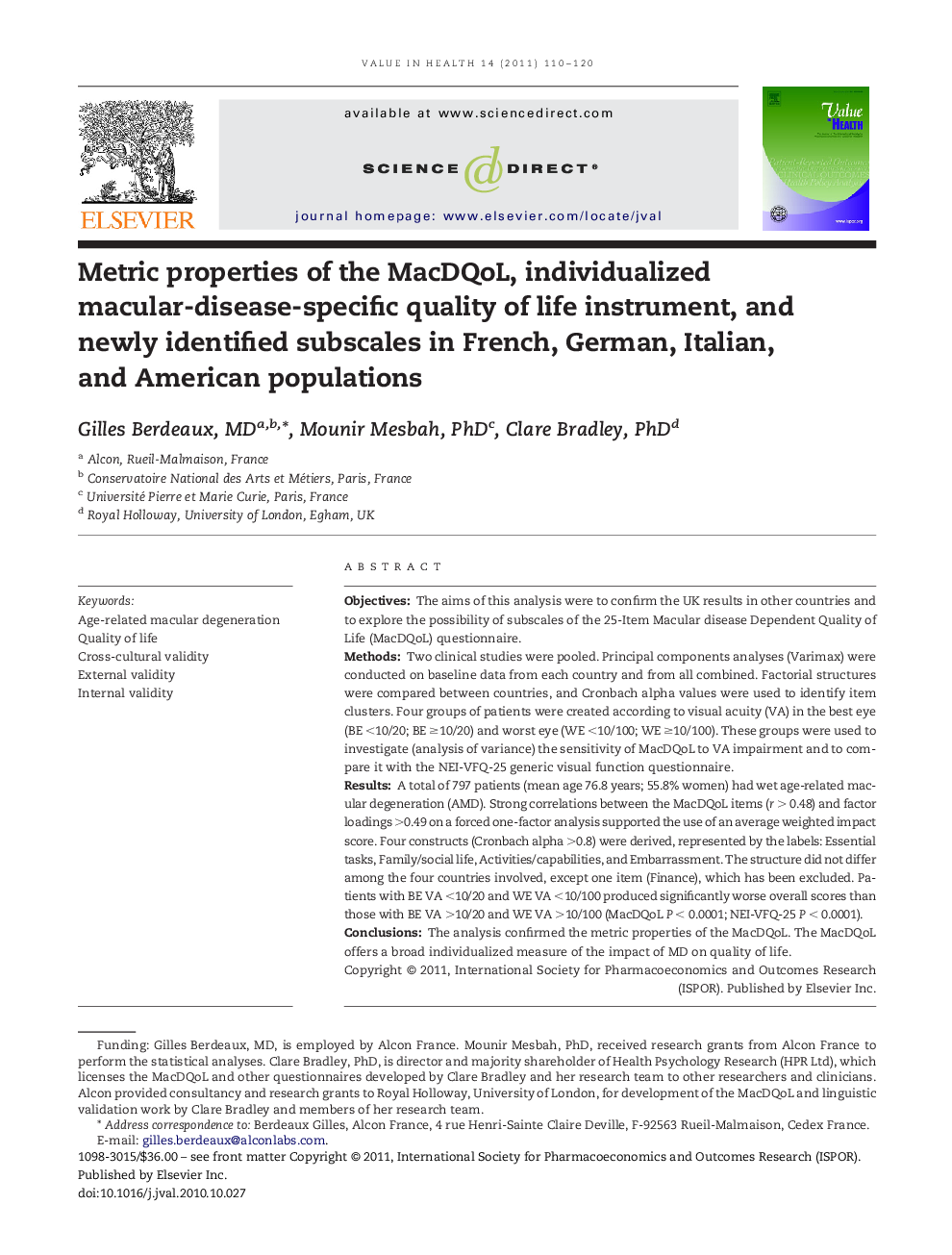 Metric properties of the MacDQoL, individualized macular-disease-specific quality of life instrument, and newly identified subscales in French, German, Italian, and American populations 