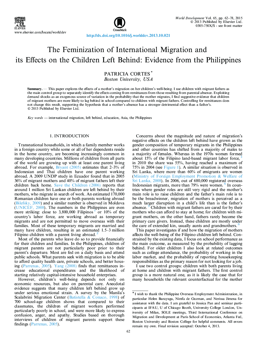 فمینیسم مهاجرت بین المللی و تاثیر آن بر کودکان اطراف: مدارکی از فیلیپین