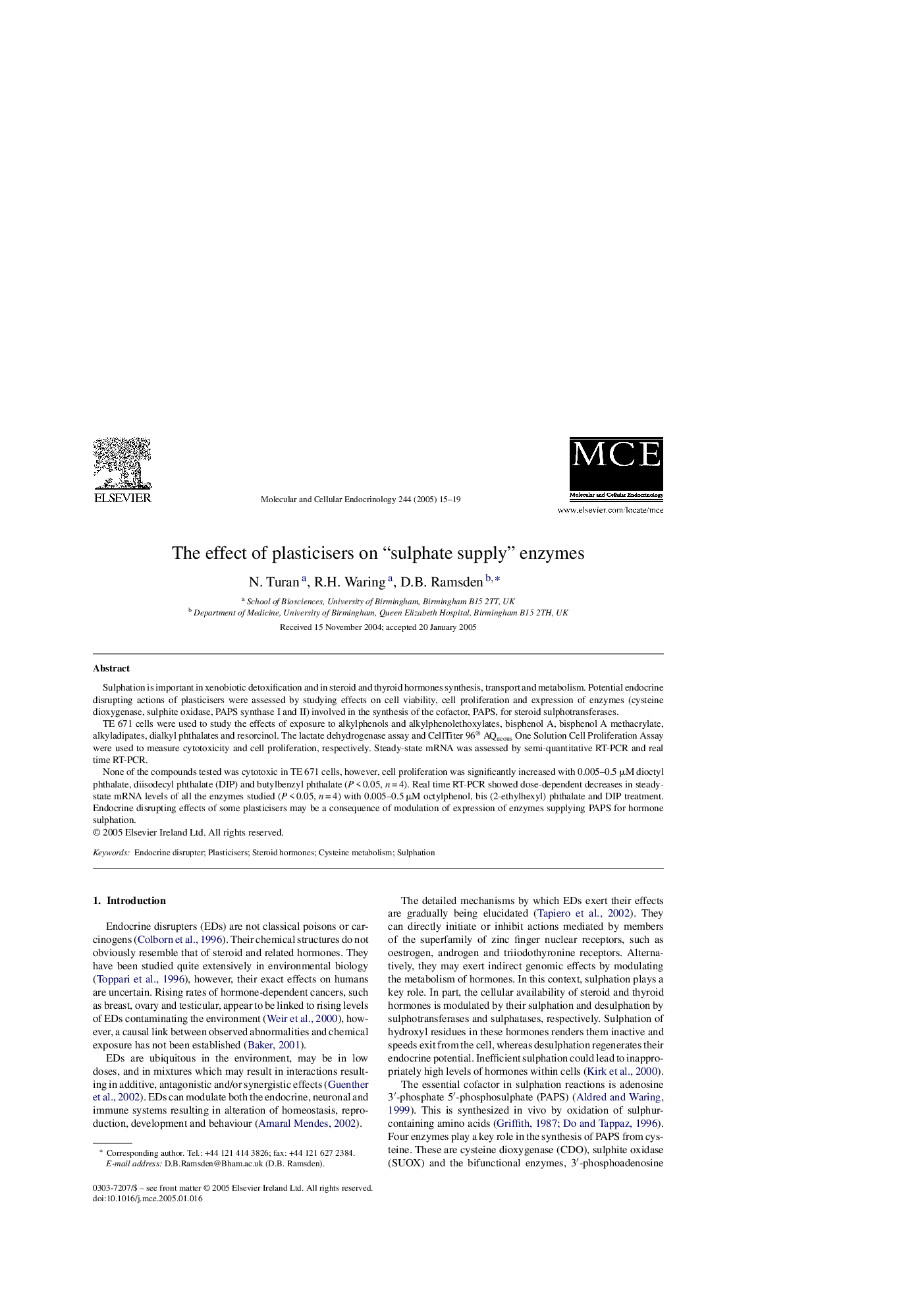 The effect of plasticisers on “sulphate supply” enzymes