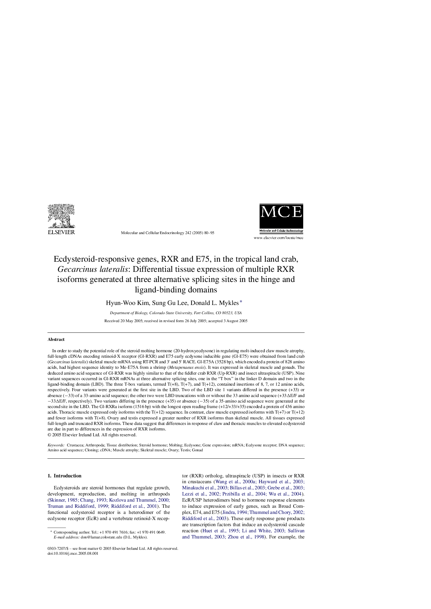 Ecdysteroid-responsive genes, RXR and E75, in the tropical land crab, Gecarcinus lateralis: Differential tissue expression of multiple RXR isoforms generated at three alternative splicing sites in the hinge and ligand-binding domains