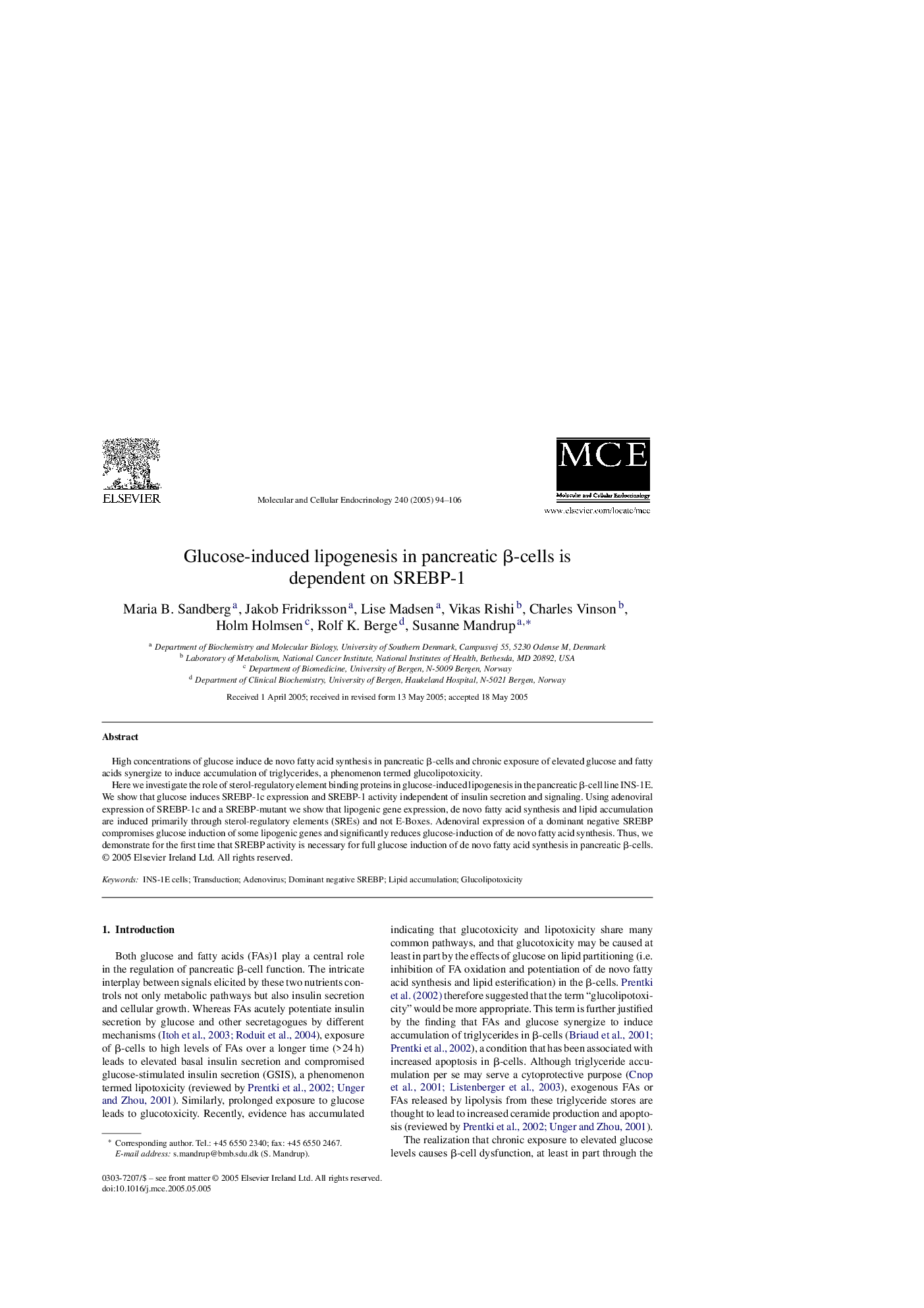 Glucose-induced lipogenesis in pancreatic Î²-cells is dependent on SREBP-1