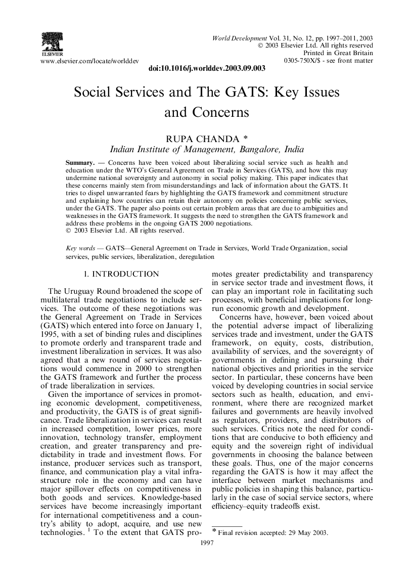 Social Services and The GATS: Key Issues and Concerns