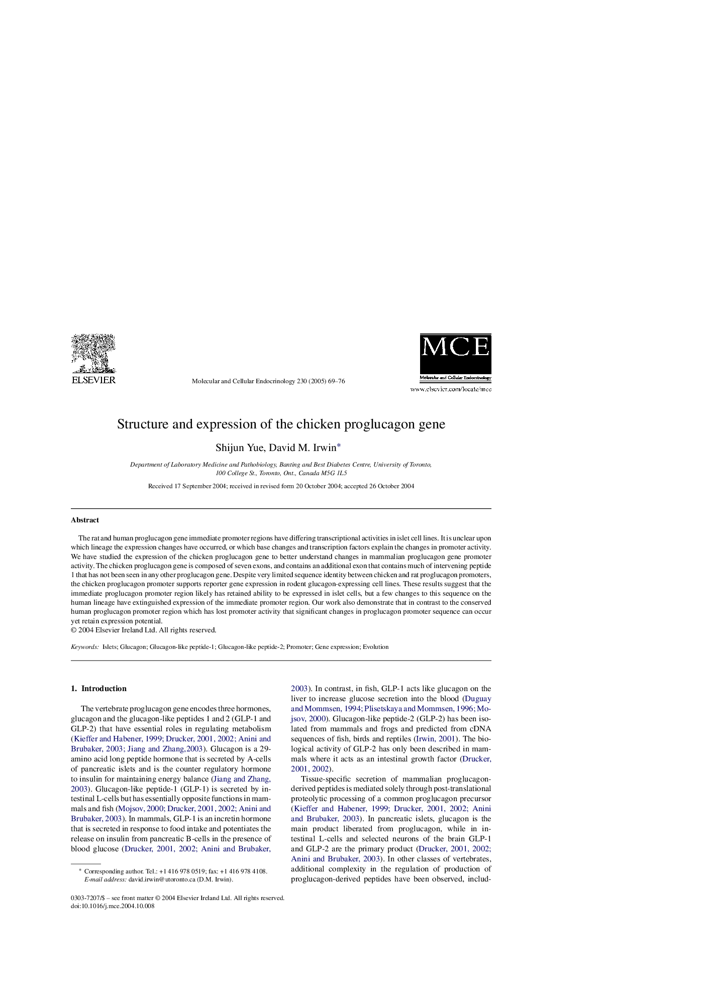 Structure and expression of the chicken proglucagon gene