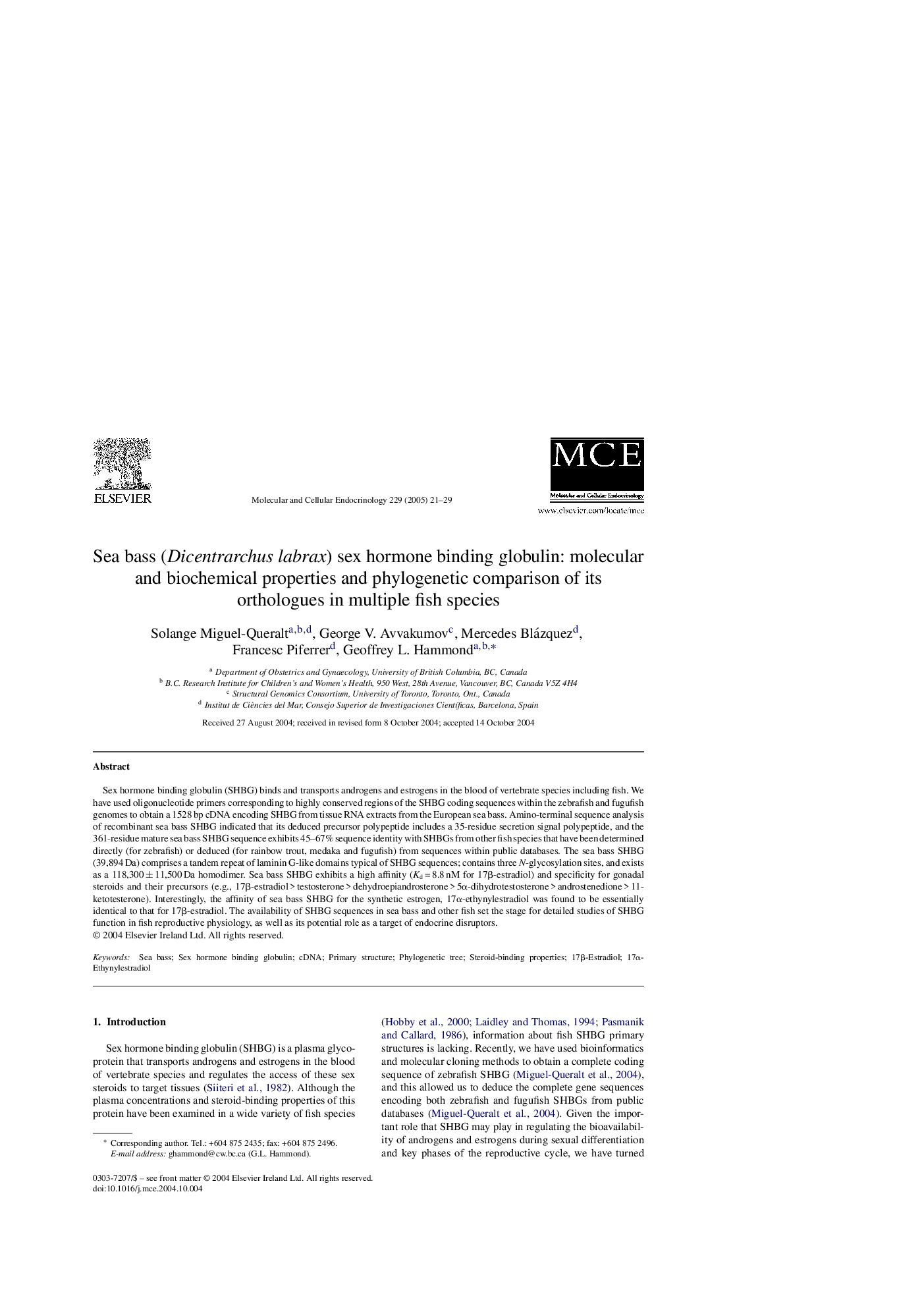 Sea bass (Dicentrarchus labrax) sex hormone binding globulin: molecular and biochemical properties and phylogenetic comparison of its orthologues in multiple fish species