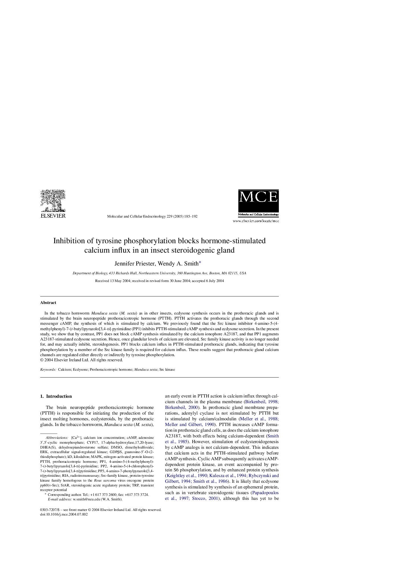 عکس صفحه اول مقاله: Inhibition of tyrosine phosphorylation blocks hormone-stimulated calcium influx in an insect steroidogenic gland Inhibition of tyrosine phosphorylation blocks hormone-stimulated calcium influx in an insect steroidogenic gland