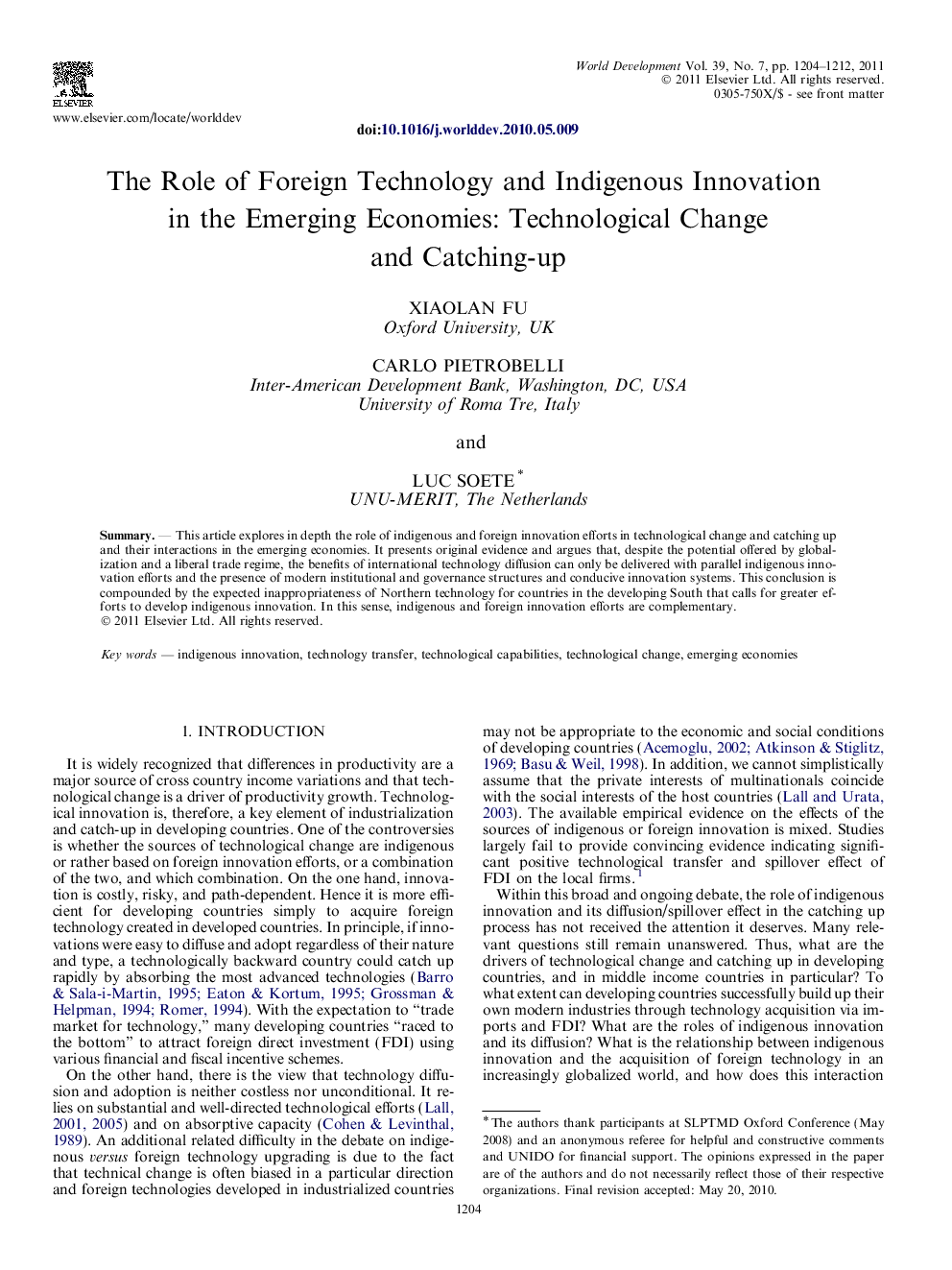 The Role of Foreign Technology and Indigenous Innovation in the Emerging Economies: Technological Change and Catching-up